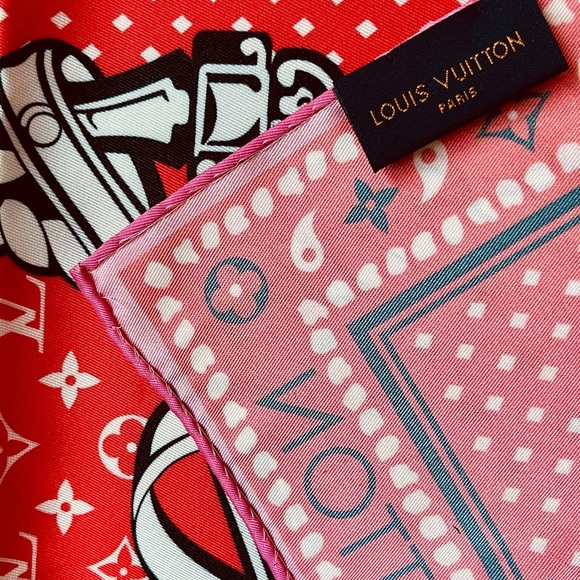 100% silk Vibrant Red Scarf with White and Black Accents - Picture 5 of 13